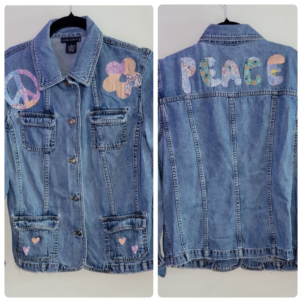 Upcyled Peace Applique Distressed Jean Jacket